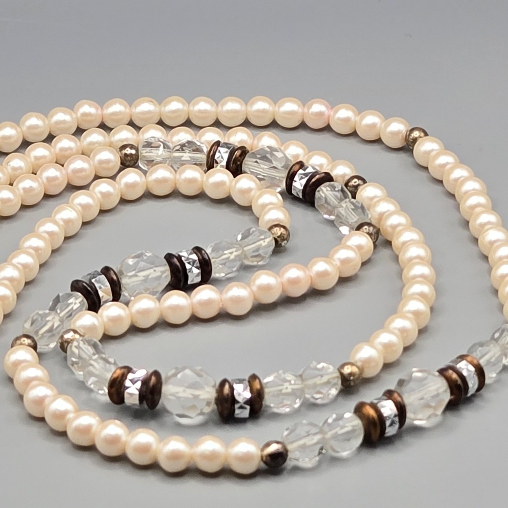 Vintage Cream Faux Pearl Faceted Glass Bead Long Necklace‎ Bronze Accents 34in